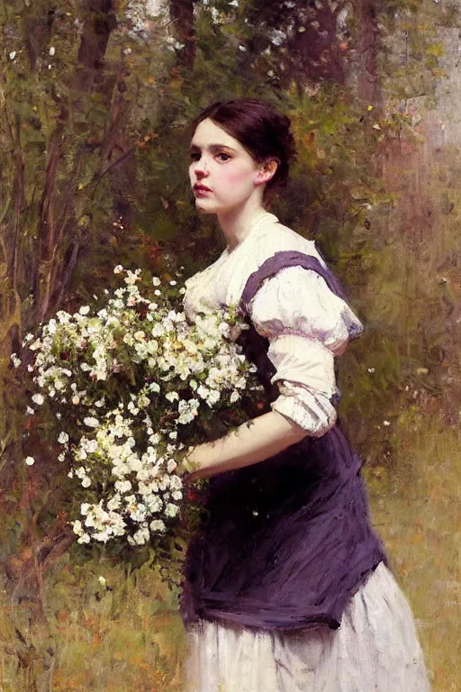 Image similar to Richard Schmid and Jeremy Lipking full length portrait painting of a young beautiful edwardian girl hold a large bouquet of flowers