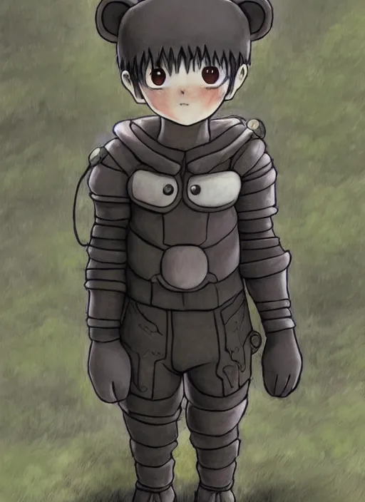 Image similar to beautiful little boy wearing an cyborg bear suit, artwork in kentaro miura and made in abyss and rosdraws, smooth, beautiful lightness, anatomically correct, trending on pixiv, forest