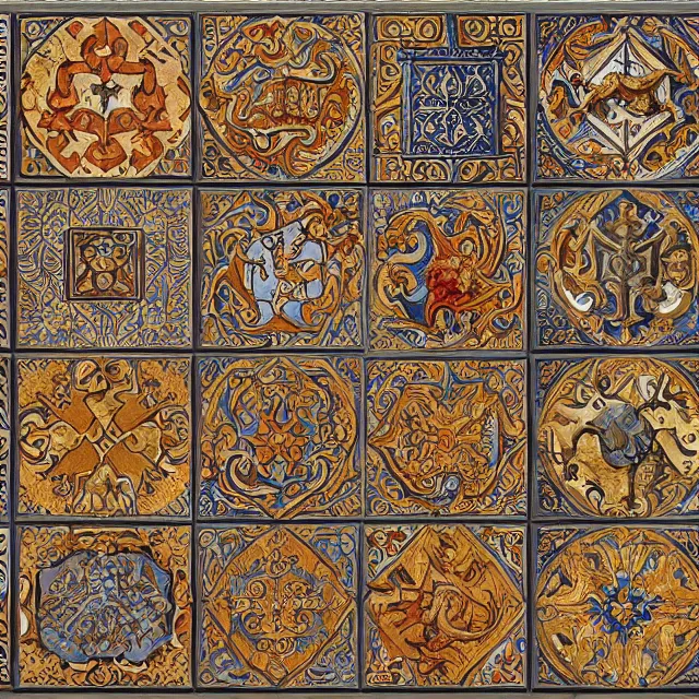 Prompt: a digital painting of medieval floor tiles with heraldic images by justin gerard, paul bonner, highly detailed, digital art, artstation hd