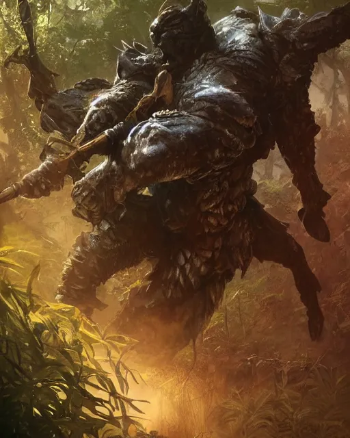 Image similar to Panther warrior in armor sneaking in jungle, portrait, magic the gathering artwork, D&D, fantasy, cinematic lighting, centered, symmetrical, highly detailed, digital painting, artstation, concept art, smooth, sharp focus, illustration, volumetric lighting, epic Composition, 8k, art by Akihiko Yoshida and Greg Rutkowski and Craig Mullins, oil painting, cgsociety