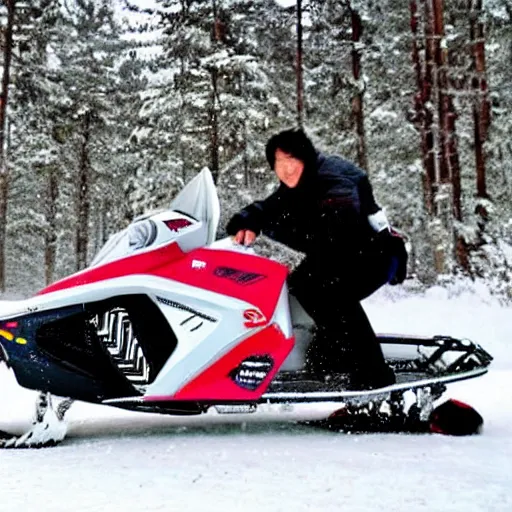 Prompt: jackie chan on a snowmobile