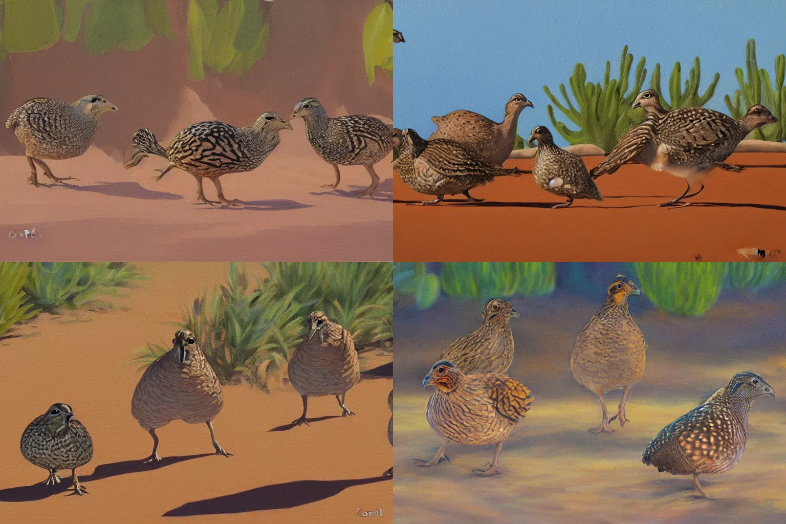 Prompt: a family of quails running across a road, tucson arizona painting by carl redin