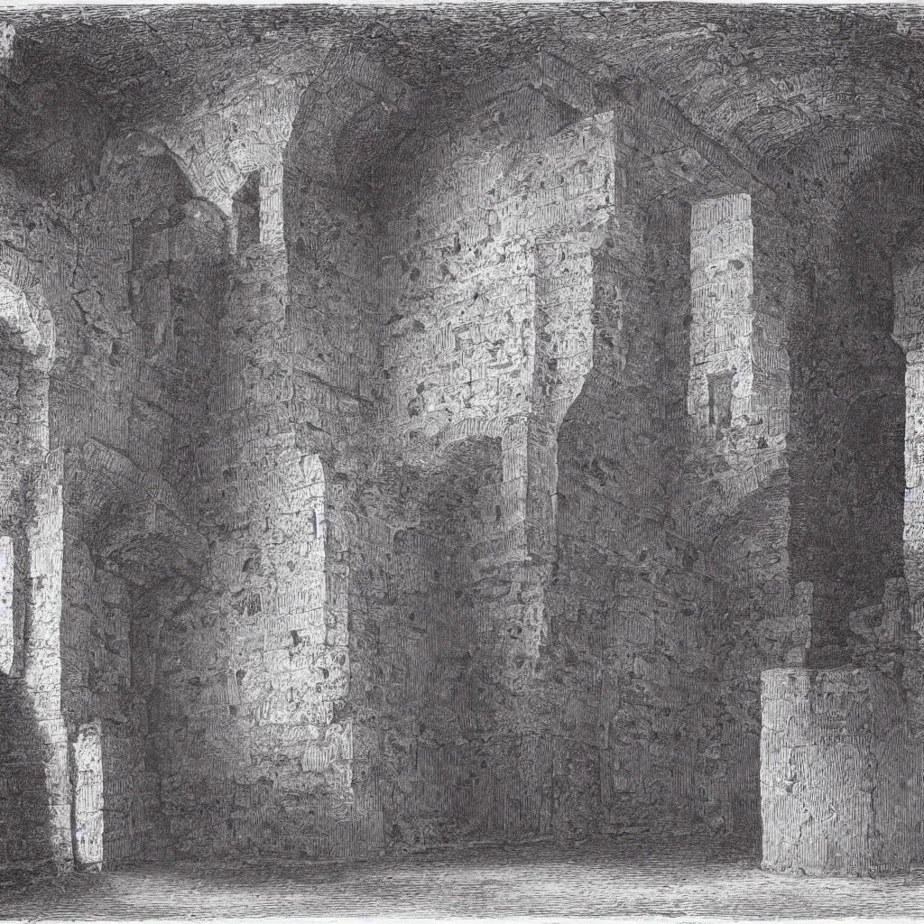Prompt: an engraving of a medieval dungeon, volumetric lighting