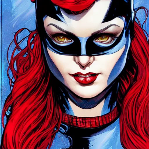 Image similar to catwoman in the style of spiderman, spiderman patterns, red and blue, long red wavy red hair by artgerm and greg rutkowski and alphonse mucha