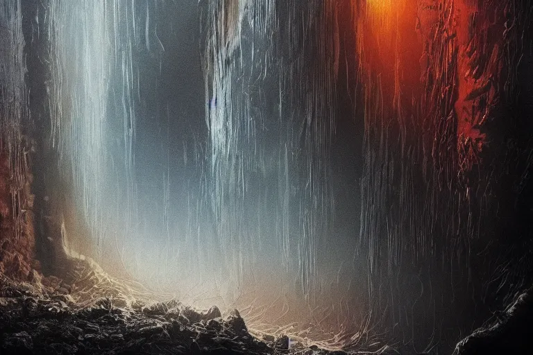 Image similar to ravine of the cry,in the style of Arthur Thomson ATom and Don Maitz,trending on artstation, atmospheric closeup view street art , hyperrealism , movie poster, very very elegant, Chiaroscuro