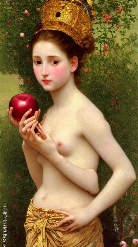 Image similar to painting portrait of a beautiful girl with an apple in her hand, intricate, elegant, digital painting, smooth, sharp focus, shiny gold, realistic gold, realistic metal, by William-Adolphe Bouguereau and Gustav Klimt,