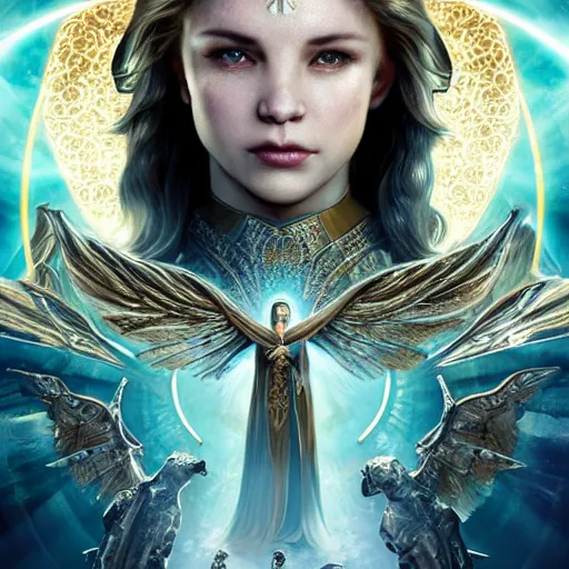 Image similar to beautiful cinematic fantasy poster, sci-fi, semi-transparent, beautiful Archangel with brilliant golden halo and a brilliant alabaster face, brilliant silver filigree, blindfolded eyes eyes, wideshot ultrawide angle epic scale, hybrid from The Elden Ring and art direction by Darius Zawadzki ;by artgerm; wayne reynolds art station; cinematic quality character render; low angle; ultra high quality model; production quality cinema model;