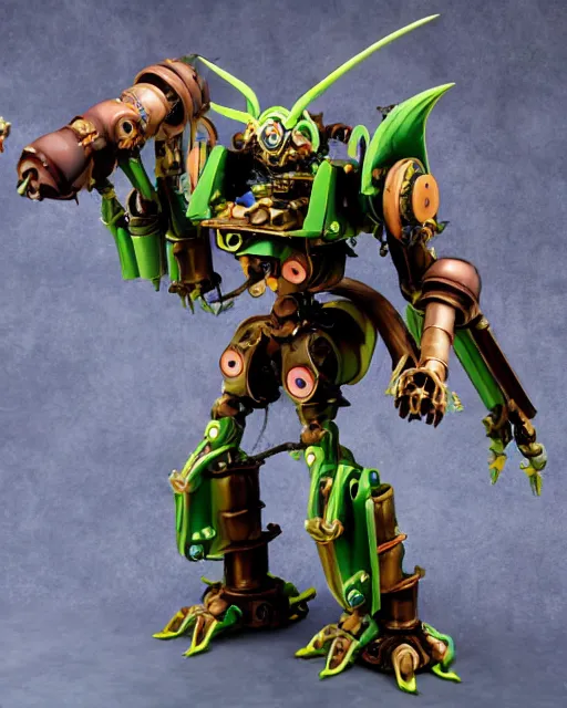 Prompt: a steampunk/anime hybrid mecha-goblin, mecha that looks like a goblin, HQ plastic model kit, professionally painted and assembled, fantasy & science fiction elements, action figure, translucent parts, wild colors, by takara, professional photography, product photography, official media, transformers, world of warcraft