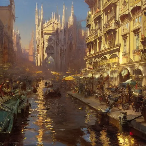 Image similar to detailed cinematic wide shot of milano, ultra realistic, spring light, painting by gaston bussiere, craig mullins, j. c. leyendecker