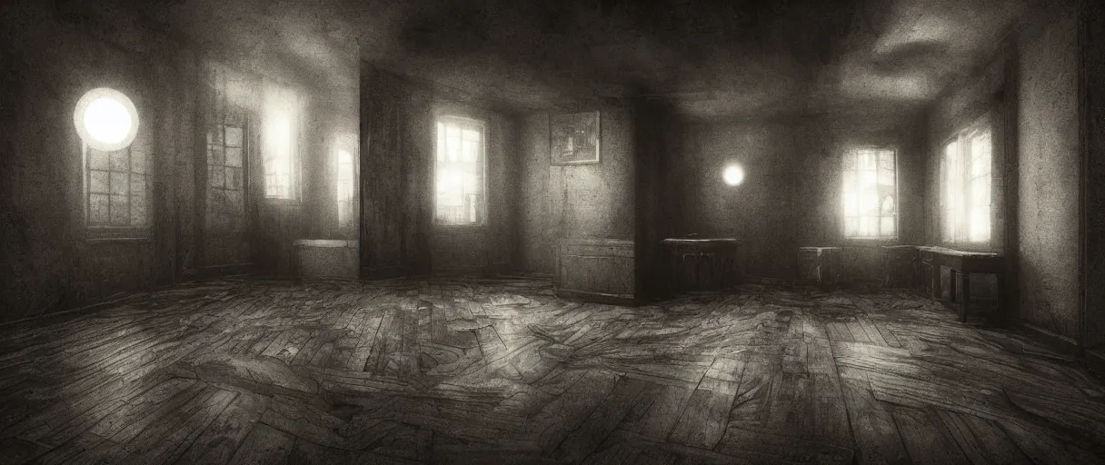 Prompt: a dark old room, silent hill tentacle creatures from the darkest realm of the soul, old wood floors, small windows with moonlight, surrealcore, hellcore, slithercore, 4 k by oleg vdovenko, pascal blanche
