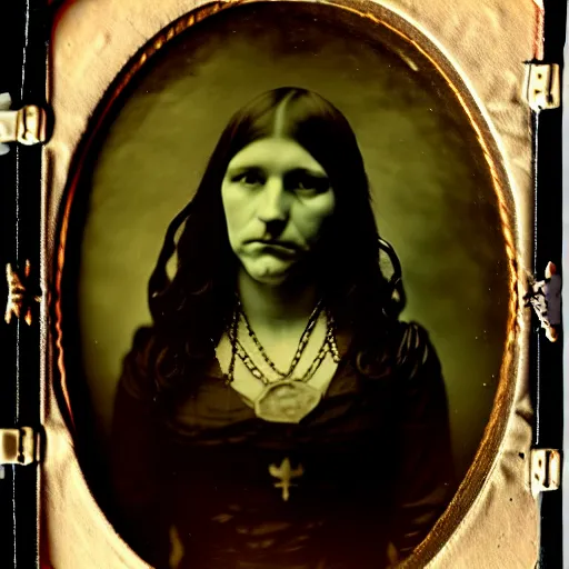 Image similar to daugerreotype of cthulhu high priestess. ambrotype of occult priestess. tintype of a beautiful woman