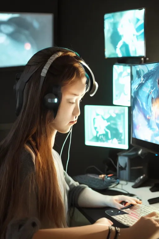 Prompt: gamer girl playing a game on her computer, portrait shot of her face lit up by the monitor, wearing gaming headset, hyperrealistic, trending on artstation, intricate detail, dark atmosphere, dynamic lighting