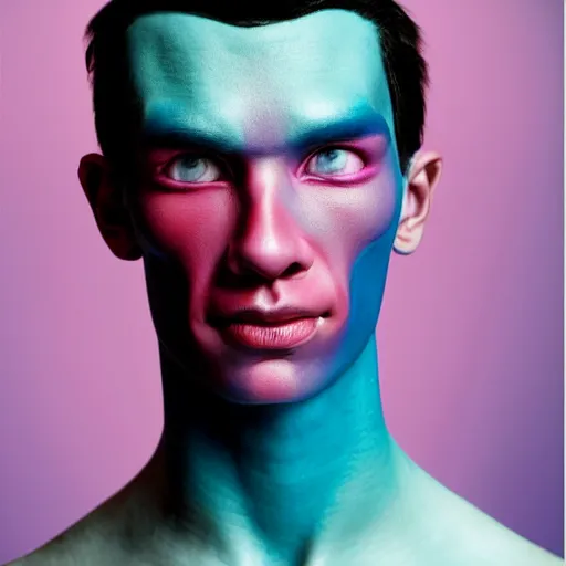 Prompt: a close up portrait of a beautiful athletic young male alien with pink and blue ombre color skin , photographed by erwin olaf, artistic