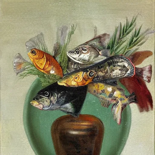 Prompt: a still life of a vase filled with dead fishes, oil painting