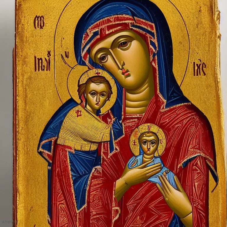 Image similar to byzantine icon depicting mary holding a divine shiba inu god