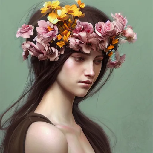 Prompt: a drawing of a woman with flowers in her hair, an ultrafine detailed painting by mandy jurgens, featured on cgsociety, art nouveau, ilya kuvshinov, detailed painting, digital illustration