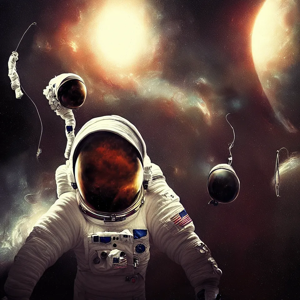 Image similar to portrait of an astronaut wearing head phones by ben templesmith, portrait, cinematic, epic composition, digital painting, digital art, masterpiece