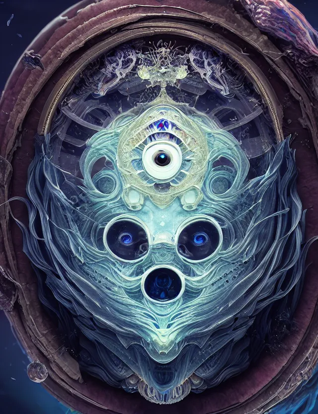 Image similar to eye of god macro close - up portrait with mask made of ram skull. betta fish, jellyfish phoenix, plasma, ice, water, wind, creature, super intricate ornaments artwork by tooth wu and wlop and beeple and greg rutkowski