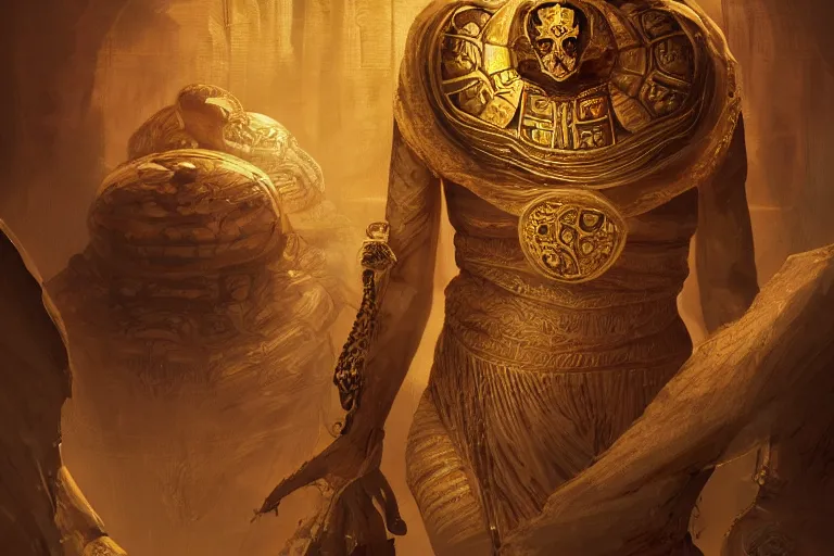 Image similar to ancient mummy surrounded by golden scarabs with intricate patterns, concept art, digital illustration, trending on artstation, deviantart, artgerm, epic composition, masterpiece, highly detailed, advanced technique, ambient lighting, wlop, ross draws