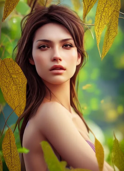 Image similar to photo of a gorgeous female in the style of stefan kostic, realistic, half body shot, sharp focus, 8 k high definition, insanely detailed, intricate, elegant, art by stanley lau and artgerm, extreme bokeh foliage