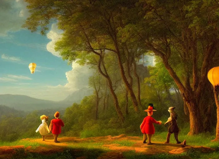 Image similar to american realist romanticism landscape painting of winnie the pooh characters at night, colorful paper lanterns, in the style of hudson river school and thomas cole and albert bierstadt and robert duncanson