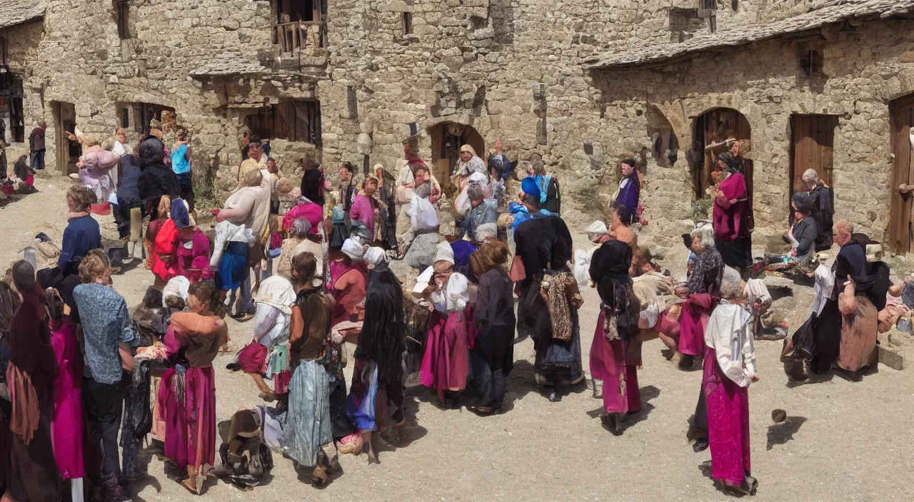 Image similar to people sharing jewels with each other in the middle of a medieval village