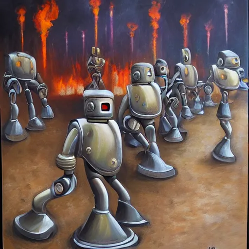 Image similar to oil painting of robots from hell