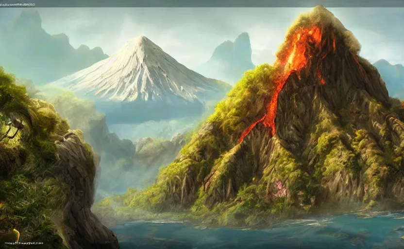 Prompt: huge mystical fantasy island with dramatic features. Trending on artstation. Detailed. Fantastical. Mountains. Forests. Volcano. Canyons.