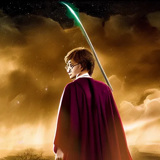 Image similar to Harry potter standing and holding a short wand, magic aura, side view, thunderclouds, cinematic shot, wide shot, epic scale, waving robe movement, photorealistic detail and quality, intricate ground stone, magical sigils, floating particle effects, movie still, nighttime, crescent moon, sharp and clear, action shot, intense scene, visually coherent, symmetry, rule of thirds, movement, photorealistic colors, cool colors transitioning to warm colors, modest tone, award winning, directed by Steven Spielberg, Christopher Nolan, Tooth Wu, Asher Duran, artstation