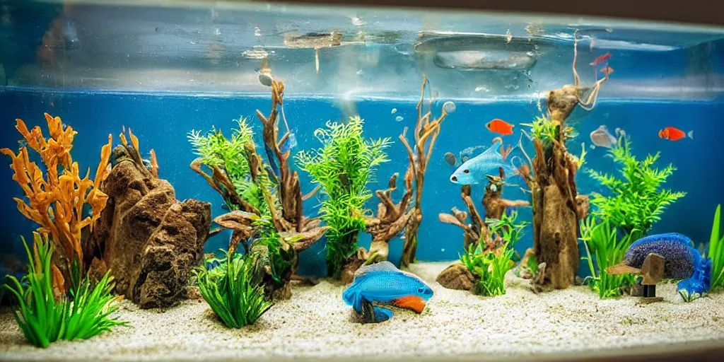 Image similar to fish tank in hospital waiting room. newt. plasticine model in water. figures clay. tilt shift. clay figure. surreal. tropical fish tank with sand. strange. weird. astrix and obelisk. bubbles form pump. tintin. hands. tank. wallace and gromit. siamese fighting fish. aquatic photography. photorealistic. waiting room