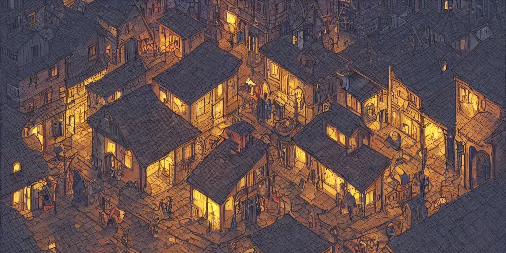 Prompt: isometric view illustration of a medieval village street corner, highly detailed, dark, gritty, at night, glowing lamps scattered around, by Victo Ngai