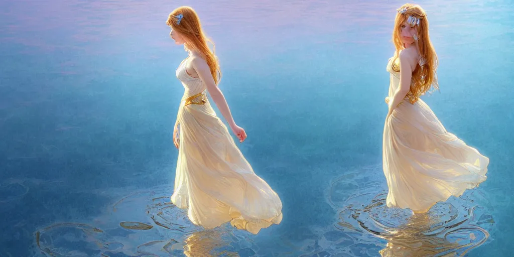 Image similar to highly detailed portrait of a barefoot white skirt girl stand on the water, water surface reflection, the calm sea level, ultra wide angle, gold filigree, romantic storybook fantasy, soft cinematic lighting, award, disney concept art watercolor illustration by mandy jurgens and alphonse mucha and alena aenami, pastel color palette, featured on artstation