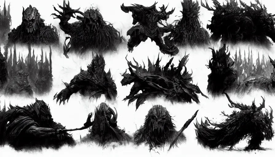 Image similar to feral chieftain charector concept sheet, beksinski, ruan jia, the hobbit orc concept, dark soul concept