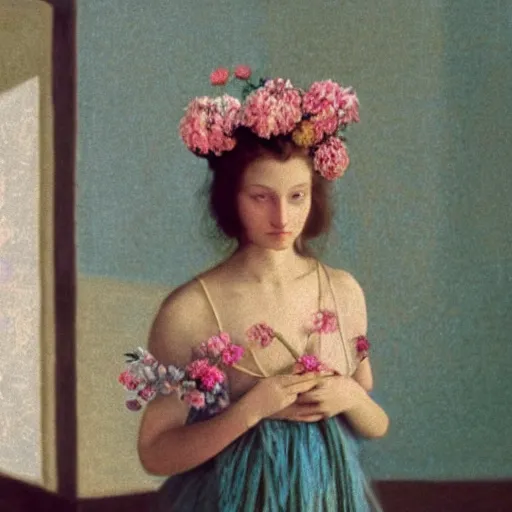 Image similar to close - up of a beautiful flowery girl in an empty room, film still by wes anderson, depicted by balthus, limited color palette, very intricate, art nouveau, highly detailed, lights by hopper, soft pastel colors, minimalist