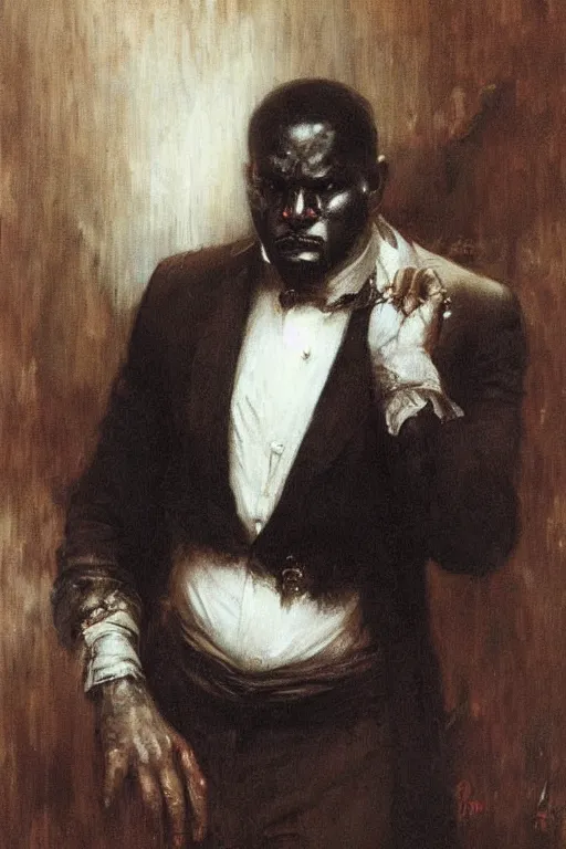 Prompt: portrait of a contract killer, a black man in a pristine white dress shirt. his eyes are collapsing black pits of darkness. horror. art by gaston bussiere.