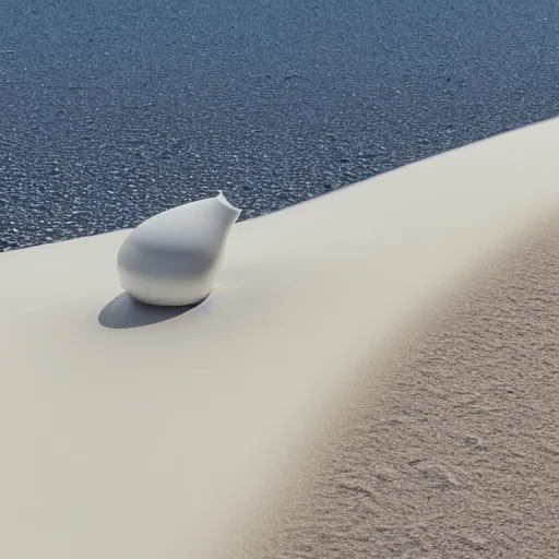 Image similar to perfume bottle buried in mounds of desert white sand on a zen clean modern minimalist beach with an ocean view, frozen and covered in ice, by peter tarka in an ivory room well contoured smooth fair walls, zaha hadid octane highly render, 4 k, ultra hd,