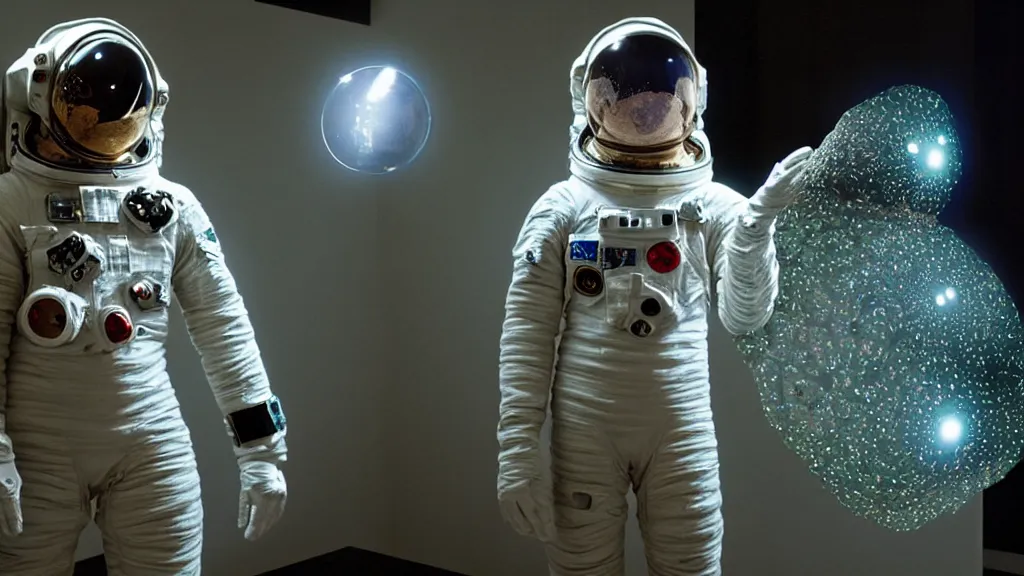 Image similar to a astronaut eva suit covered in diamond 3d fractal lace iridescent bubble 3d skin and covered with insectoid compound eye camera lenses floats through the living room, film still from the movie directed by Denis Villeneuve with art direction by Salvador Dalí, wide lens,