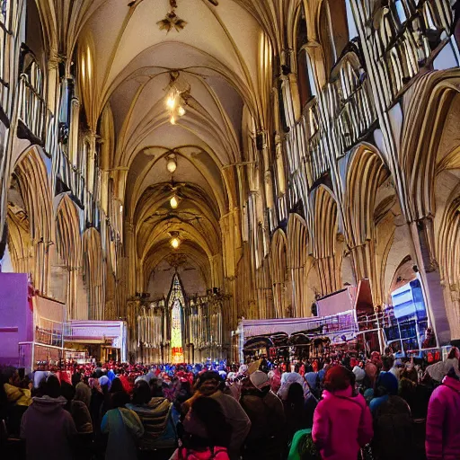 Prompt: people worshiping a giant floating microwave in center in a massive cathedral