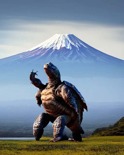 Prompt: full body photos of Gamera, the giant Turtle kaiju monster with Mount Fuji in the background, cinematic style, atmospheric, Japan, hyperreal