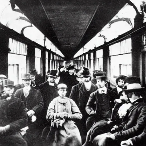 Image similar to an old historical photo of commuters in the train to new york, 1 8 9 0, everybody is looking on their smartphones