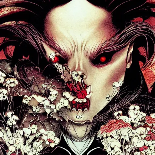 Image similar to closeup of vampire kiss, by yoichi hatakenaka, masamune shirow, josan gonzales and dan mumford, ayami kojima, takato yamamoto, karol bak