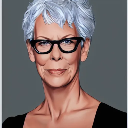 Image similar to jamie lee curtis, full body, tired, serious, intelligent, powerful, white hair, fully clothed, wise, beautiful, by stanley artgerm, soft lighting, trending on artstation, flat colour