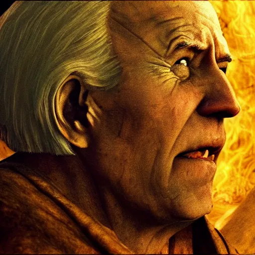 Image similar to biden in dante's inferno painting, dark beauty, rotten gold, closeup faces, extremely detailed, cinema 4 d, unreal engine.