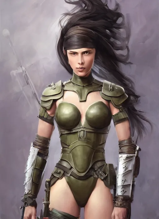 Image similar to a professionally painting of an attractive young female, partially dressed in battle armor, olive skin, long dark hair, beautiful bone structure, perfectly proportioned, symmetrical facial features, intricate, elegant, heroic pose, digital painting, concept art, smooth, sharp focus, finely detailed, beautifully framed, from Metal Gear, by Ruan Jia and Mandy Jurgens and William-Adolphe Bouguerea