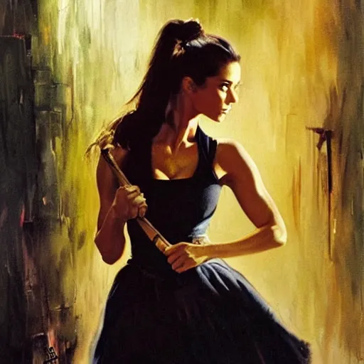 Prompt: ultra realistic portrait painting of nina dobrev wearing a dirndl in west side story, art by frank frazetta, 4 k, ultra realistic, highly detailed, epic lighting.