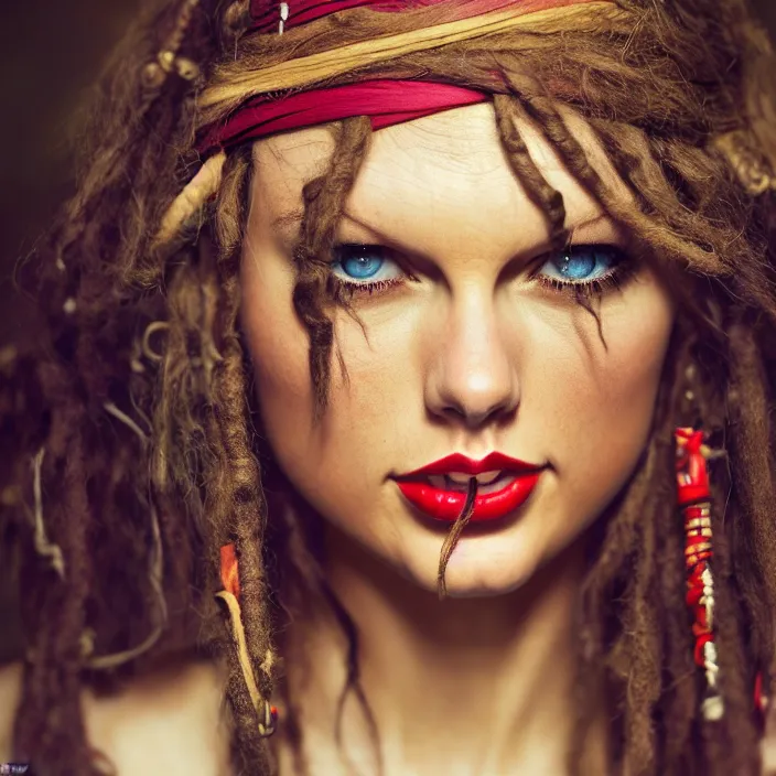 Prompt: photographic portrait face of Taylor Swift of Jack Sparrow, high light on the left, illuminated by a dramatic light, Low key lighting, light dark, High constrast, dramatic , Steve Mccurry, Greg Rutkowski, Alphonse Mucha, high quality, photo-realistic, four fingers maximum ,8K