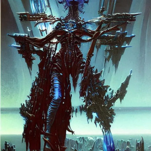 Image similar to sci - fi necromancer, art by bruce pennington