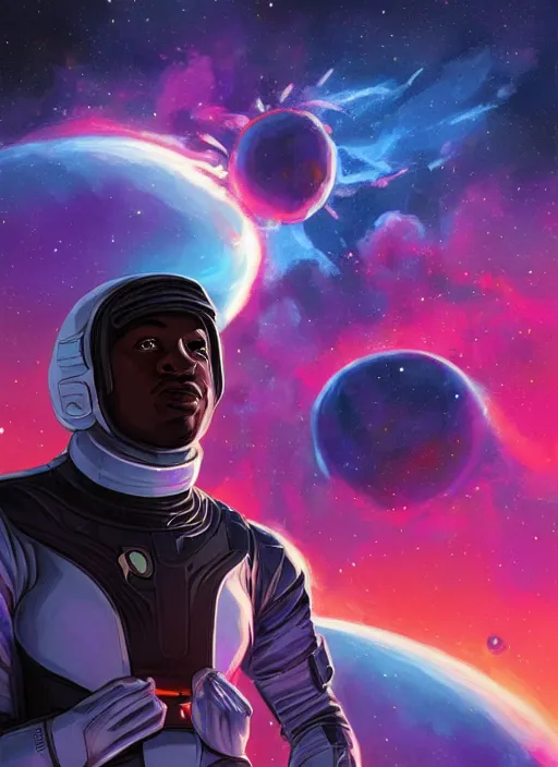 Prompt: black man in an advanced spacesuit in front of exploding nebulae, digital illustration trending on artstation by artgerm and rutkowski