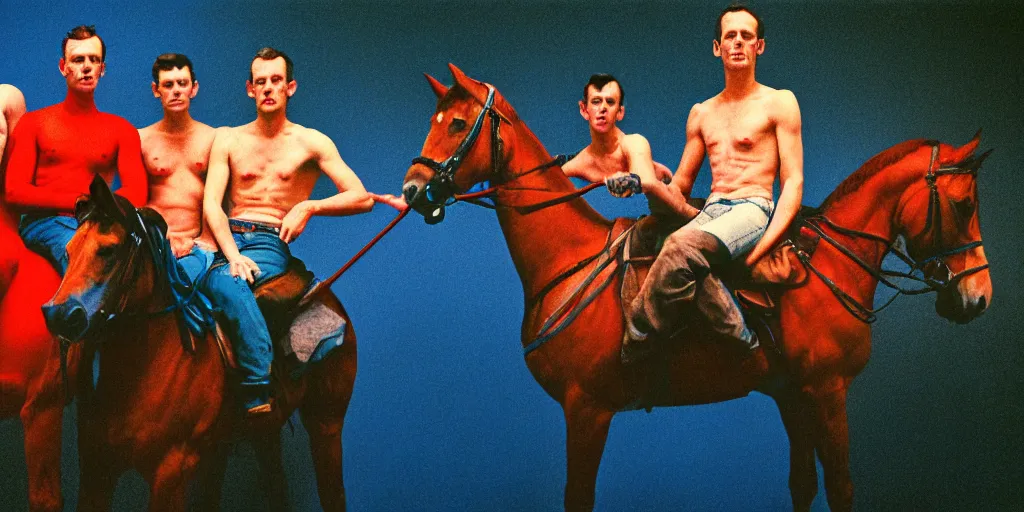 Prompt: color photograph men riding horses blue skin red light wide open vista 1 2 0 mm film highly detailed sharp zeiss lens 1. 8 high contrast chiaroscuro insane quality masterpiece detailed photograph by gottfried helnwein ryan mcginley robert mapplethorpe david armstrong david wojnarowicz