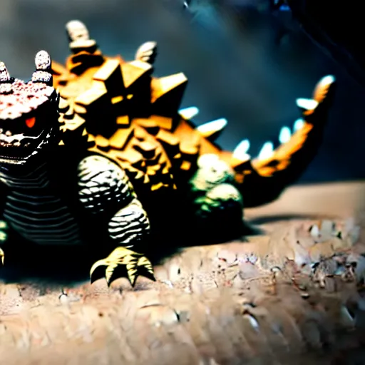 Prompt: a small godzilla running in a subway, photorealistic, macro lens, close-up